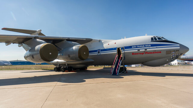 MAKS-2015 air show. Il-76MD-90A  with PS-90A engines parked. Military transport aircraft Il-76 MD-90A "Viktor Livanov" at Gromov Flight Research Institute airfield. Zhukovsky, Russia - August 26, 2015