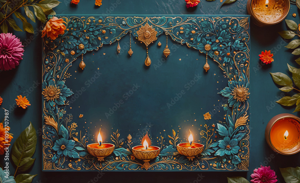 Poster Blue frame with three candles in it. The frame is on a table with flowers. The candles are lit