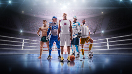 Sport collage in the arena. Basketball, american football, hockey, MMA, soccer. Sporting event....