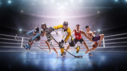 Sports in action. Movement. Skiing, American football, hockey, basketball, MMA. Sports emotions. Professional athletes on a big arena. Sports collage