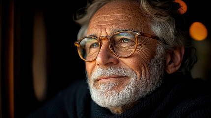 Elderly man gazes thoughtfully out of a window in warm, ambient lighting during the evening. Generative AI