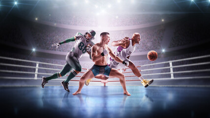 Sports in action. MMA, American football, basketball. Professional athletes in the sports arena. Sports emotions. Sports collage