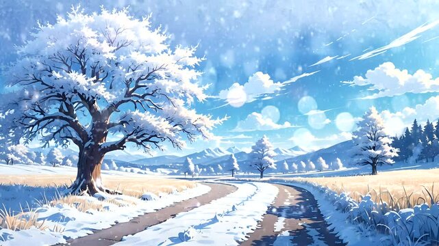 Snow-covered countryside road with large frosted tree under clear sky Seamless looping 4k time-lapse animation video background  
