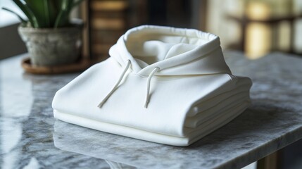 Minimalist white hoodie mockup on marble table.
