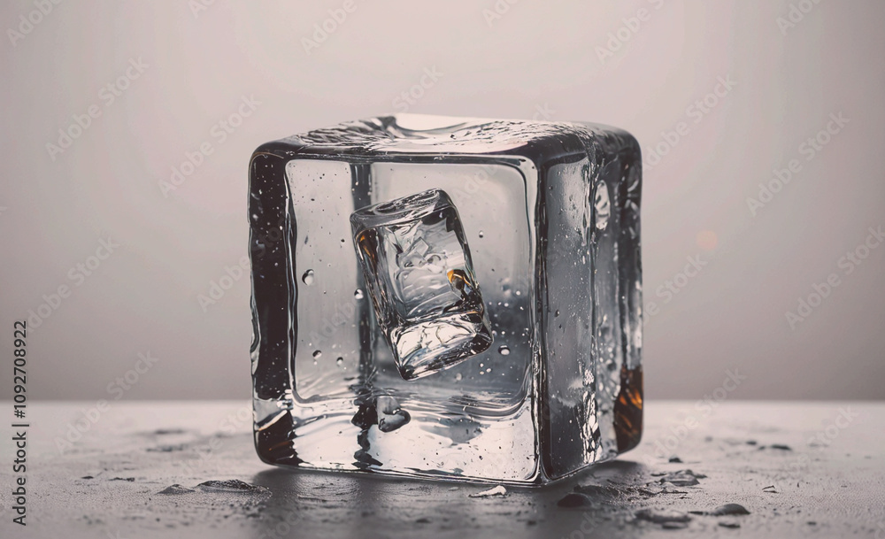 Poster cube of ice with a small piece of ice on top of it. the ice is melting and dripping water