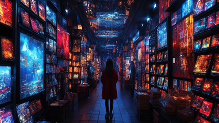 Fototapeta premium Explore a vibrant art gallery with colorful displays and a solitary figure in a red coat during an evening visit. Generative AI