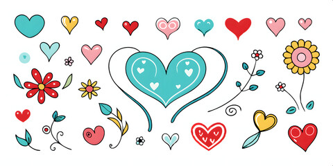 Vector set of doodle hearts, flowers, leaves and other elements.