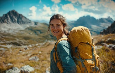 A joyful woman hiking in the picturesque mountains enjoys the breathtaking natural landscape and adventure