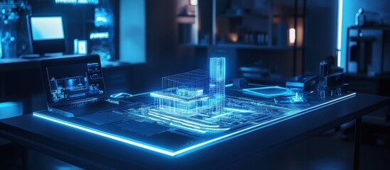 Obraz premium A glowing futuristic workspace table showcasing an architectural model of a climate-resilient building for 2025, with layers of detailed blueprints and high-tech equipment around 