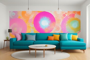 Living room with a large colorful wall mural