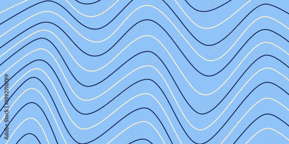 Poster Abstract horizontal background with dynamic linear waves. Trendy vector illustration in style retro 60s, 70s. White and blue colors	
