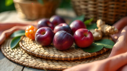 Obraz premium Boho Picnic with Fresh Plums and Ginger