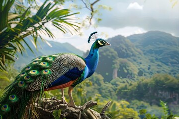 Obraz premium A vibrant peacock stands on a branch in a lush tropical forest, with a mountain range in the background.