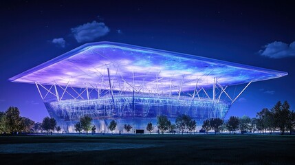 A futuristic stadium design illuminated at night with vibrant colors and a sleek structure.