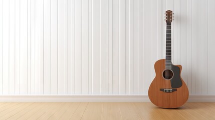 Fototapeta premium A solitary acoustic guitar with a polished finish resting against a whitewashed wooden wall on a hardwood floor.