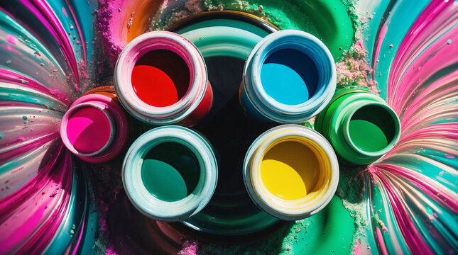 Top View of Open Paint Jars with Vibrant Colors and Abstract Artistic Swirls