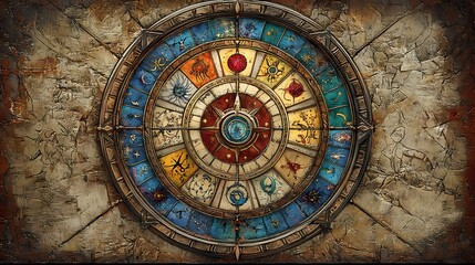 Obraz premium Intricate Zodiac Wheel Decoration Featuring Astrological Signs with Bright Colors and Texture on Rustic Background for Use in Spiritual and Mystical Themes