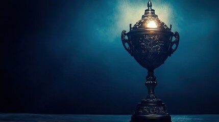 Obraz premium A sophisticated silver trophy cup, lit dramatically against a mirrored silver background, representing excellence.