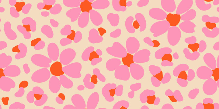 Exotic hand drawn flowers print, seamless patterns with floral and leopard for fabric, textiles, clothing, poster, cover, banner, wall art, home decor, abstract backgrounds.