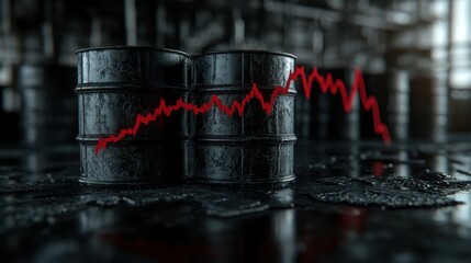 Industrial Scene Featuring Oil Barrels with Red Graph Illustrating Price Fluctuations in a Production Facility Environment, Creating a Dramatic Financial Narrative