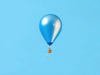 Fototapeta premium A light blue background with a blue and gold flying balloon suspended in mid-air against a bright blue sky, air balloon, atmospheric view