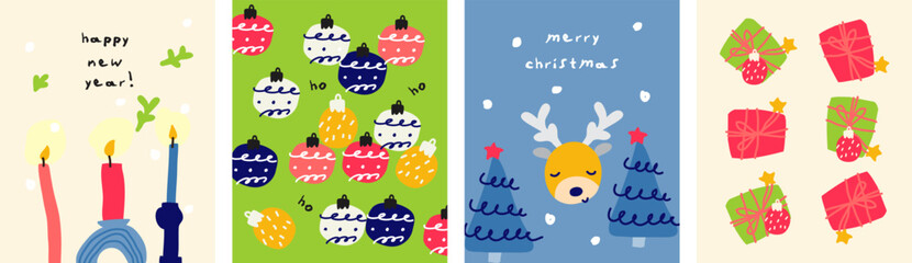 Minimalist flat vector illustration collection with christmas elements. Art for greeting cards, christmas, poster design, postcards, background. Childish naive art style