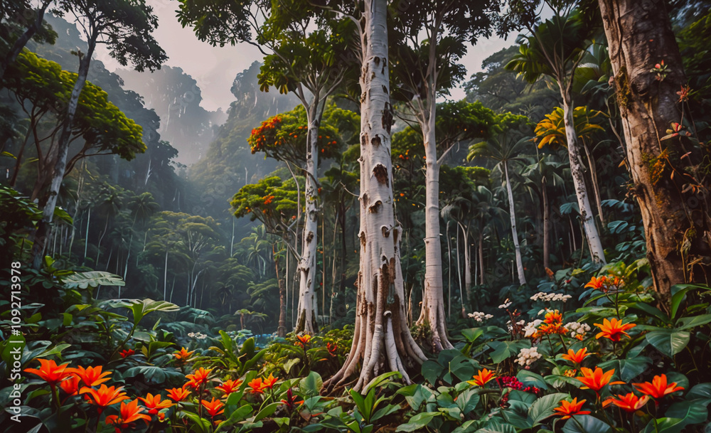 Poster Forest with a large tree in the middle. The tree is surrounded by many other trees and plants