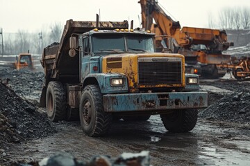 Fototapeta premium dump truck waiting in demolition site with excavator and building rubble