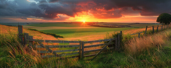 Fototapeta premium A peaceful countryside scene with lush fields, overgrown grass, and a rustic wooden fence casting long shadows in the golden hour light.