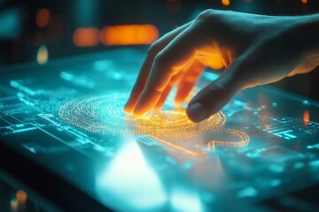 Engineer interacting with futuristic glowing interface generating fingerprint data visualization