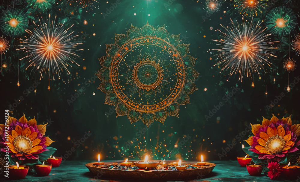 Poster Green background with a large circle and fireworks in the background. There are also some flowers in the foreground