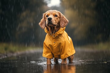 Golden retriever dog wearing a yellow raincoat is standing in the rain, enjoying a rainy day walk