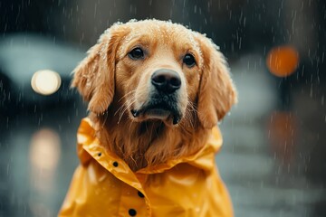 Golden retriever dog wearing a yellow raincoat is standing in the rain, enjoying a rainy day walk