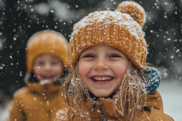 Joyful Girl in Mustard Yellow Winter Outfit Playing in Snow  Happy Child Smiling  Winter F