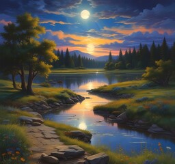 Fototapeta premium Illustration of summer landscape with starry sky.