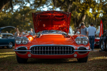 Gleaming orange vintage sports car displayed with open hood at outdoor car show, enthusiasts admiring its powerful engine