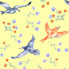 Watercolor seamless pattern birds and flowers isolated. Botanical repeated texture with flying birds in blue orange colors hand drawn. Colorful birds and simple blooms design pattern for textile.