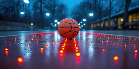 Evening basketball practice on a lit court with a basketball resting on the ground
