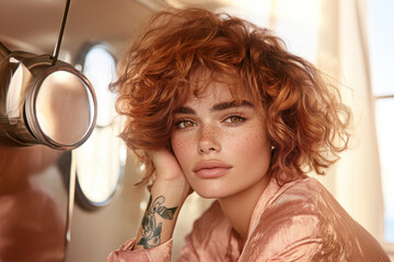 Portr&auml;t einer jungen Frau mit roten Haaren mit moderne Frisur in stilvollem Friseursalon mit goldenen Akzenten im Hintergrund.