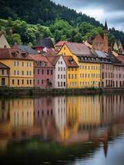 Fototapeta premium Colorful buildings line the Neckar River in Heidelberg Germany on an overcast afternoon