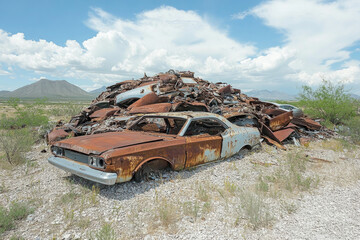 Rusty vintage cars piled up in a junkyard in the desert under a bright blue sky, creating a nostalgic scene of automotive decay