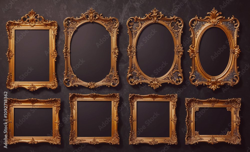 Poster row of six framed pictures with gold frames and black borders. the frames are all different sizes