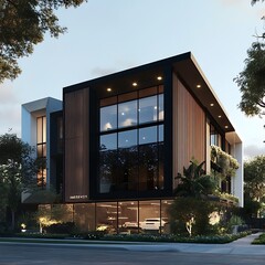 Fototapeta premium Modern Architectural Design of a Luxurious Three-Story Building with Integrated Landscaping.