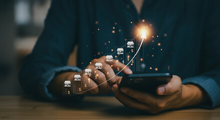 

Frachise idea. Visualization of Franchise Business Growth and Expansion Strategies. An entrepreneur using a digital upward trend graph to visualize the franchise growth trajectory with growing store