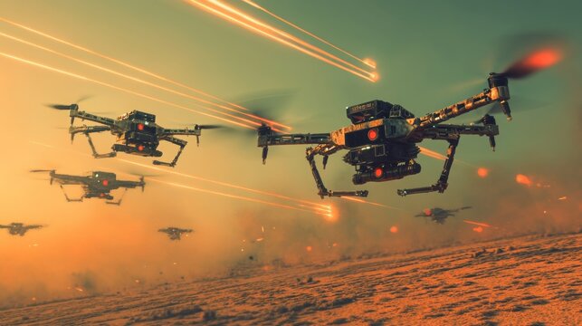 A swarm of military drones fly in formation, firing missiles in a futuristic battle.