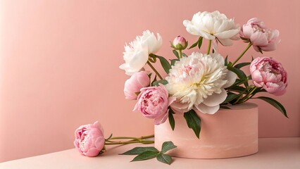 Fototapeta premium A stunning pink and white peony flower arrangement on a soft peach colored substrate, white peonies, natural beauty, peach color, elegant look