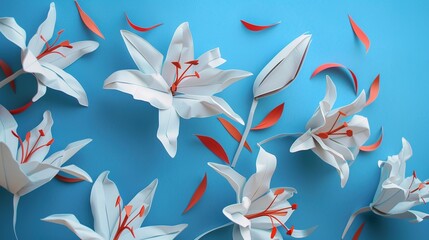 Lily Flowers on a Blue Background - an elegant and serene visual. The delicate lilies set against a soft blue background create a peaceful and refined scene.