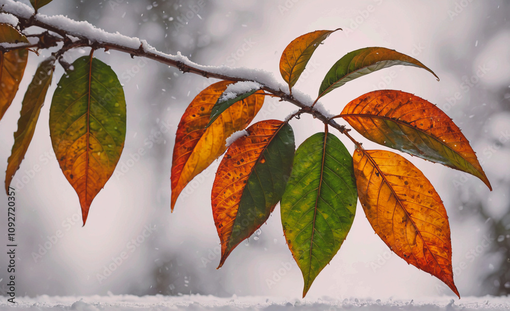 Poster leaf with a green stem and a brown stem is hanging from a branch. the leaf is brown and green, with 