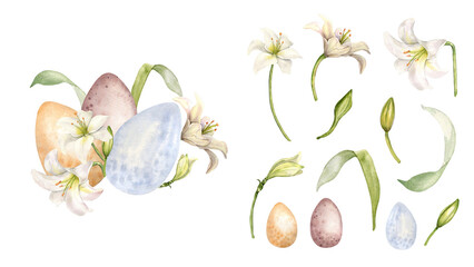 Easter botanical set with eggs and plants in neutral colors. White lily and Easter eggs Christian symbol watercolor illustration isolated. Flowers and buds hand drawn in soft tones for Happy Easter.