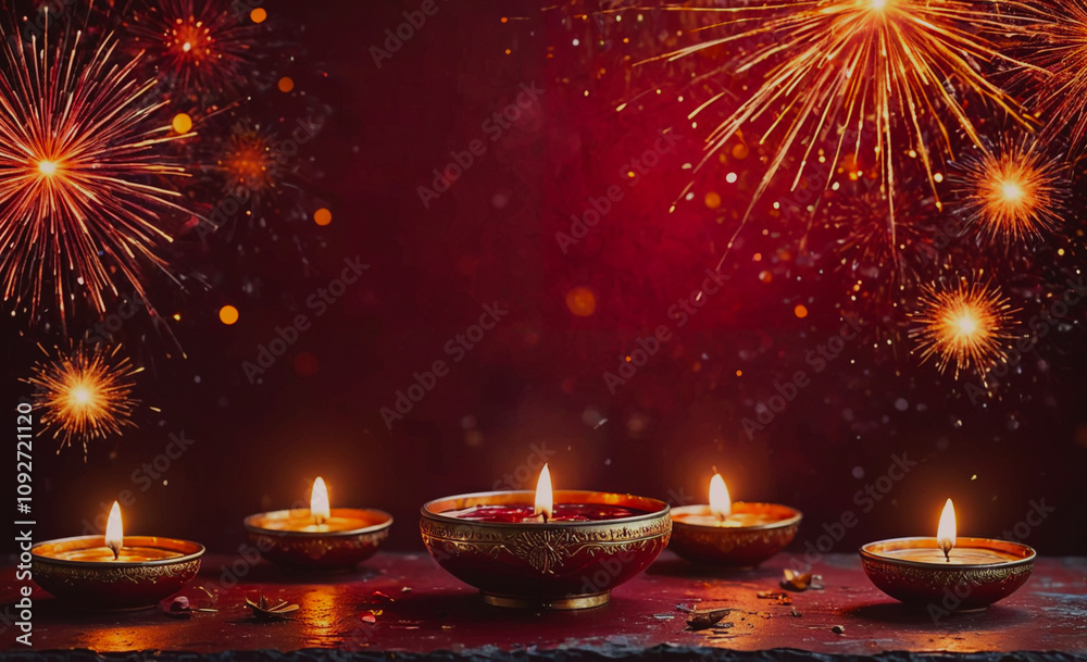 Poster Red background with a row of lit candles in a bowl. The candles are arranged in a straight line, with each one slightly offset from the one in front of it. The bowl is made of metal